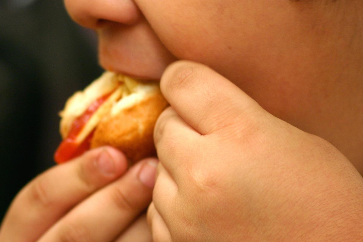 Boy-Child-Close-up-Stuffing-Face-Hamburger-Hot-Dog-Overweight-Obese